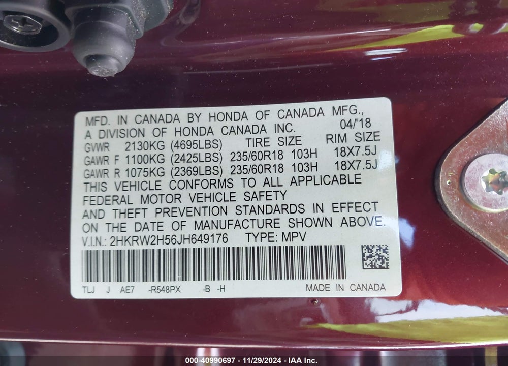 2018 HONDA CR-V EX VIN: 2HKRW2H56JH649176