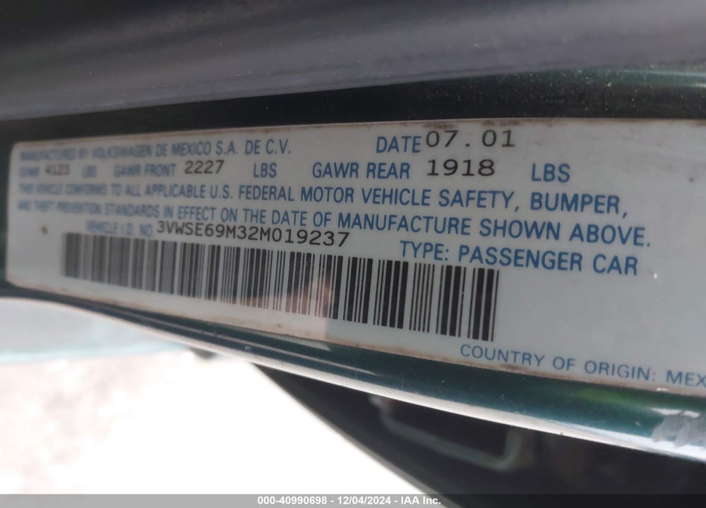 2002 VOLKSWAGEN JETTA GLS 1.8L VIN: 3VWSE69M32M019237