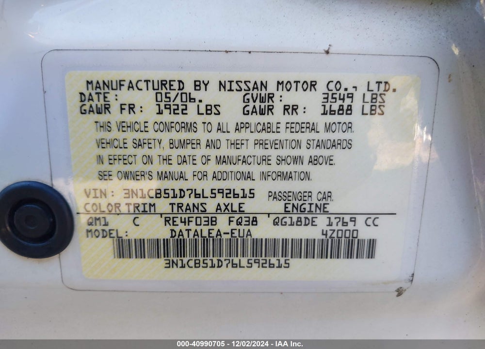 2006 NISSAN SENTRA 1.8S VIN: 3N1CB51D76L592615