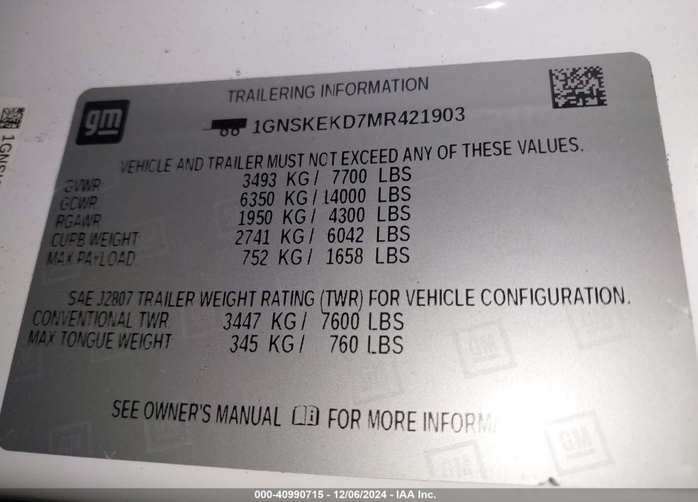 2021 CHEVROLET SUBURBAN 4WD RST VIN: 1GNSKEKD7MR421903