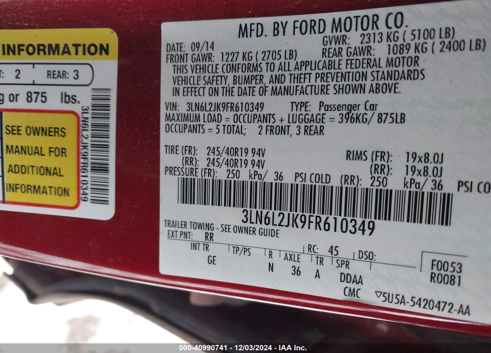 2015 LINCOLN MKZ VIN: 3LN6L2JK9FR610349