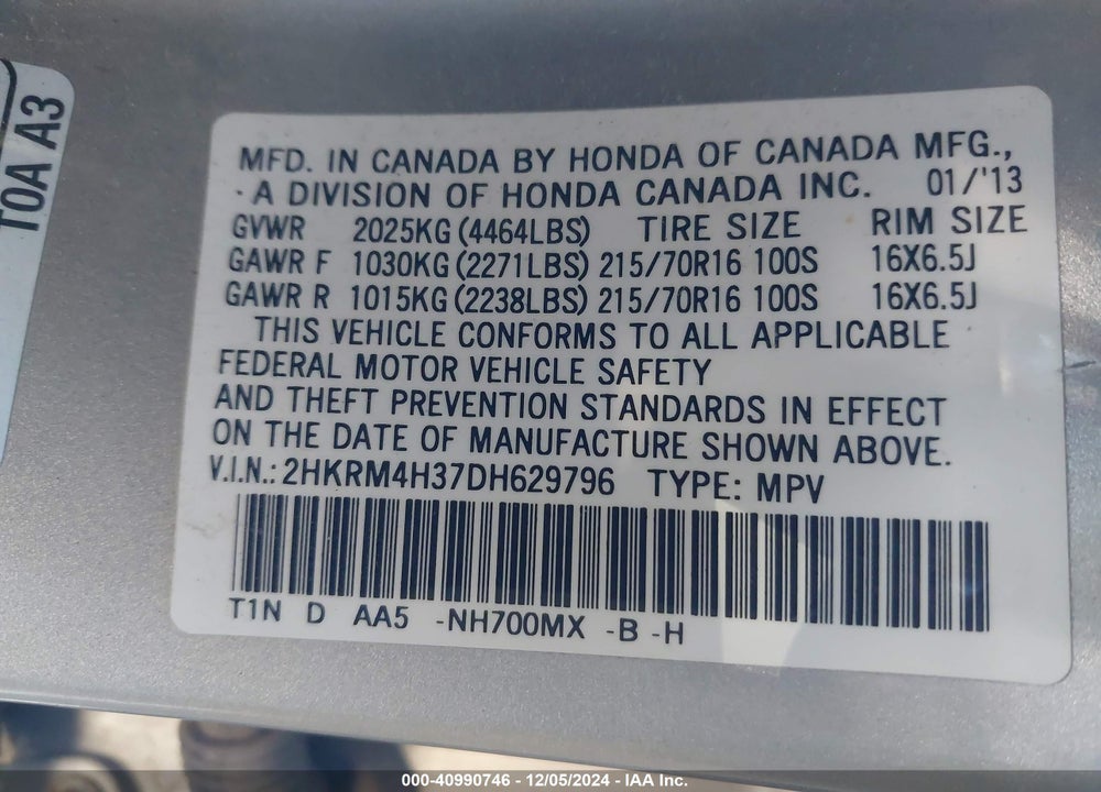 2013 HONDA CR-V LX VIN: 2HKRM4H37DH629796