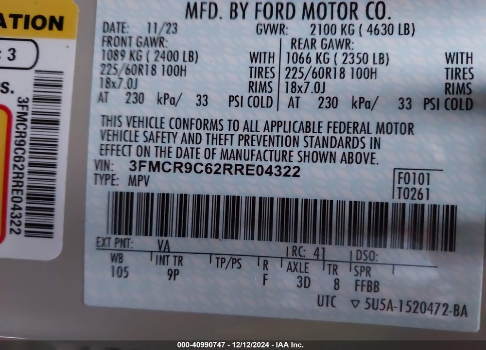 2024 FORD BRONCO SPORT OUTER BANKS VIN: 3FMCR9C62RRE04322