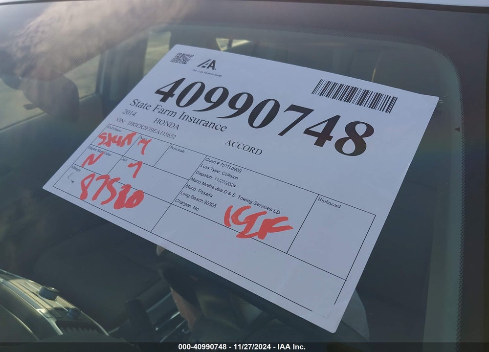 2014 HONDA ACCORD VIN: 1HGCR2F39EA115652