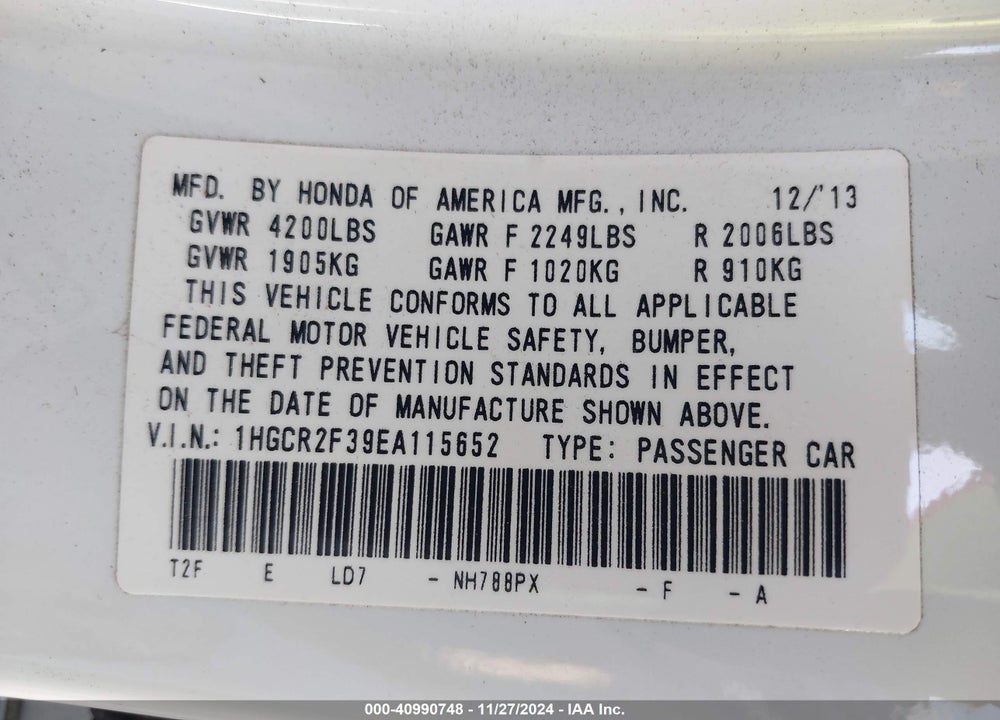 2014 HONDA ACCORD VIN: 1HGCR2F39EA115652