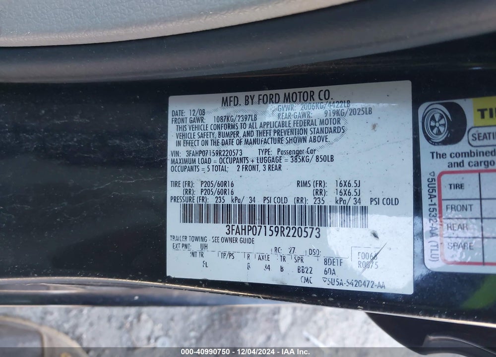 2009 FORD FUSION VIN: 3FAHP07159R220573