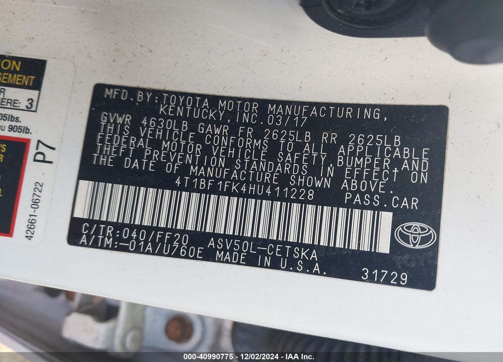 2017 TOYOTA CAMRY SE VIN: 4T1BF1FK4HU411228