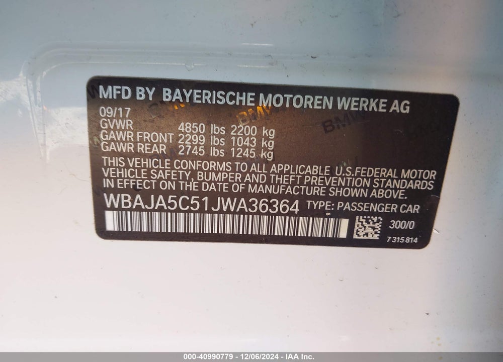 2018 BMW 530I VIN: WBAJA5C51JWA36364
