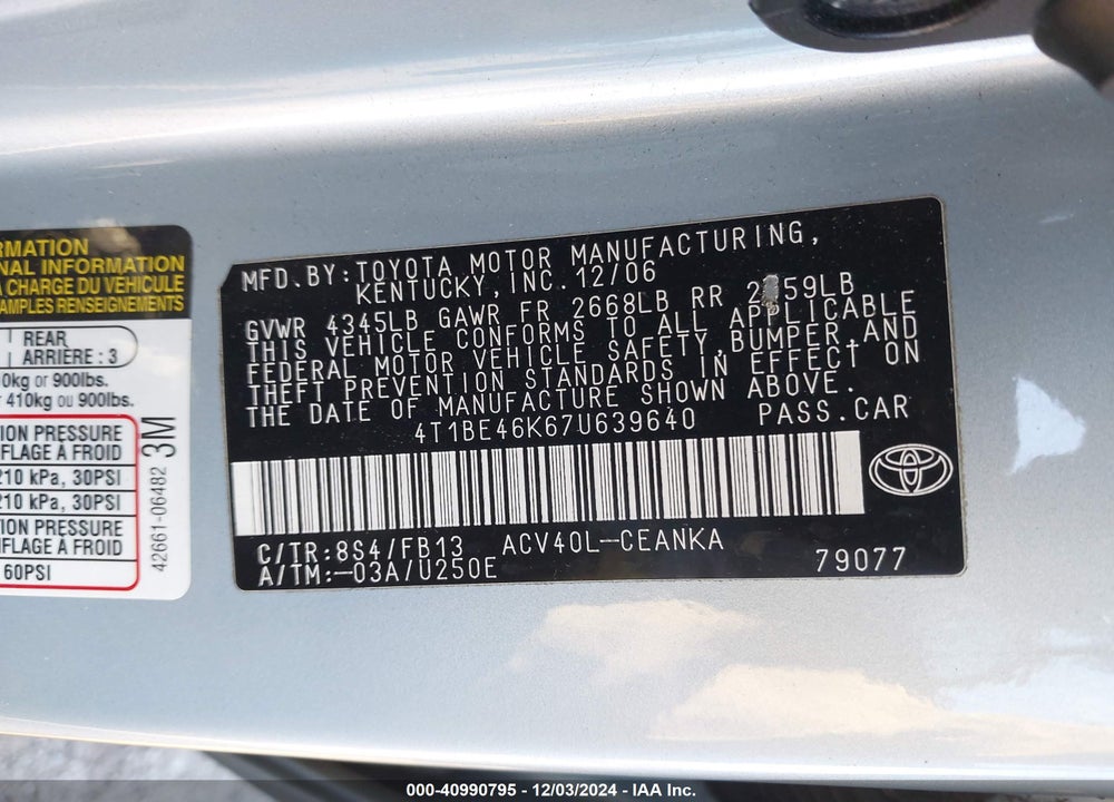 2007 TOYOTA CAMRY LE VIN: 4T1BE46K67U639640