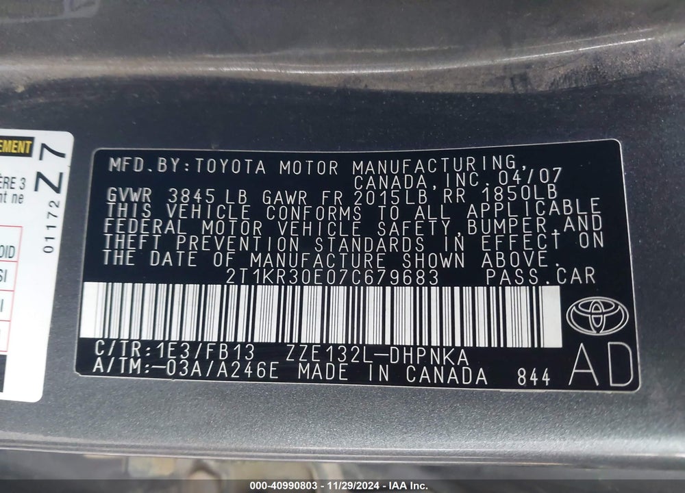 2007 TOYOTA MATRIX/XR VIN: 2T1KR30E07C679683