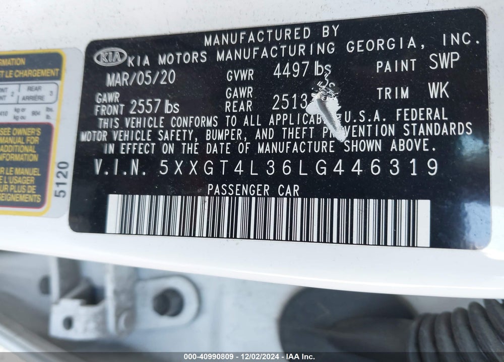2020 KIA OPTIMA VIN: 5XXGT4L36LG446319