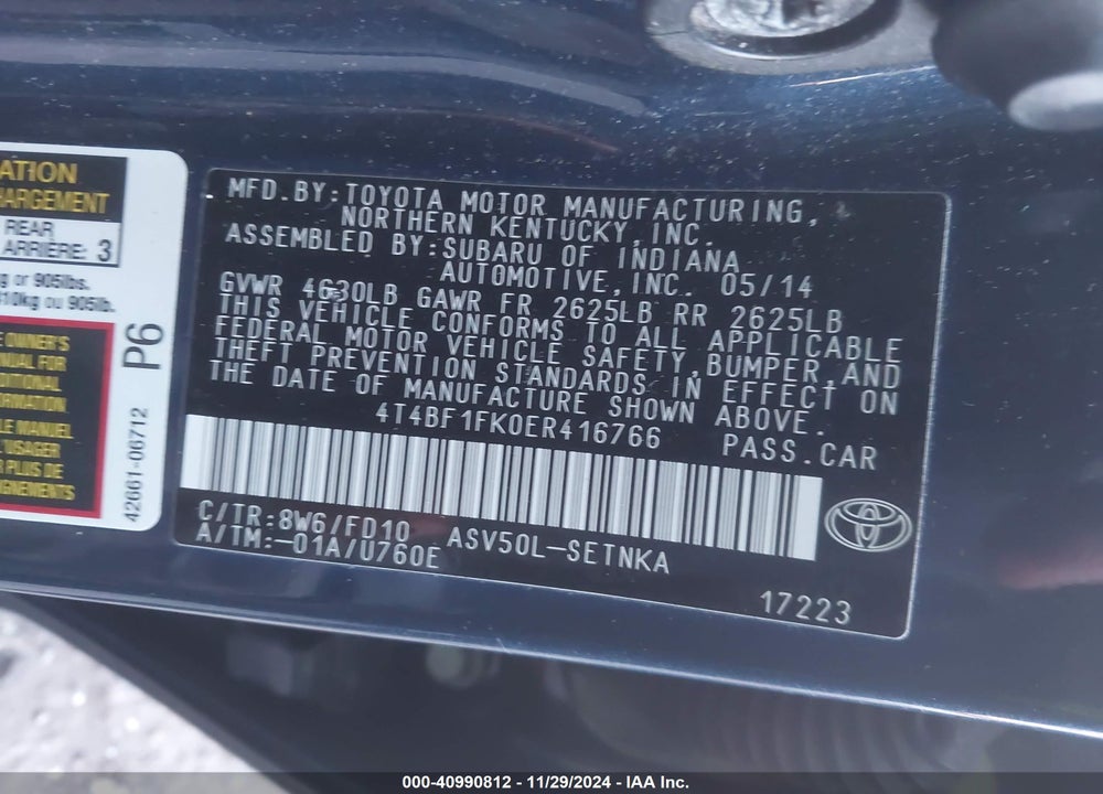 2014 TOYOTA CAMRY LE VIN: 4T4BF1FK0ER416766