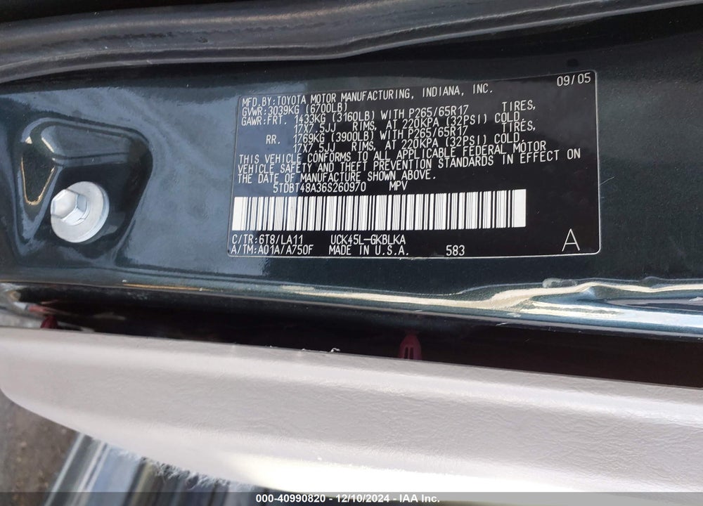 2006 TOYOTA SEQUOIA LIMITED V8 VIN: 5TDBT48A36S260970