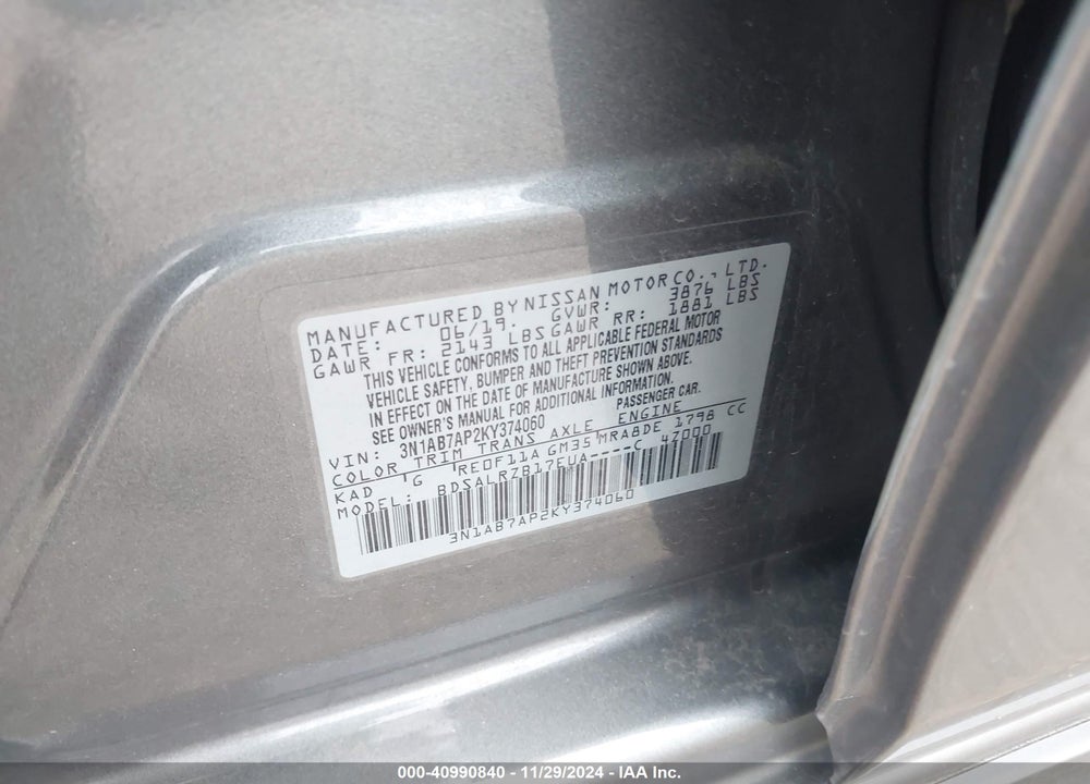 2019 NISSAN SENTRA SR VIN: 3N1AB7AP2KY374060