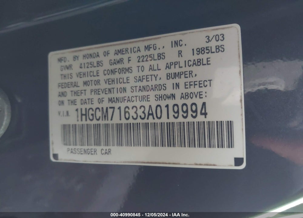 2003 HONDA ACCORD 2.4 EX VIN: 1HGCM71633A019994
