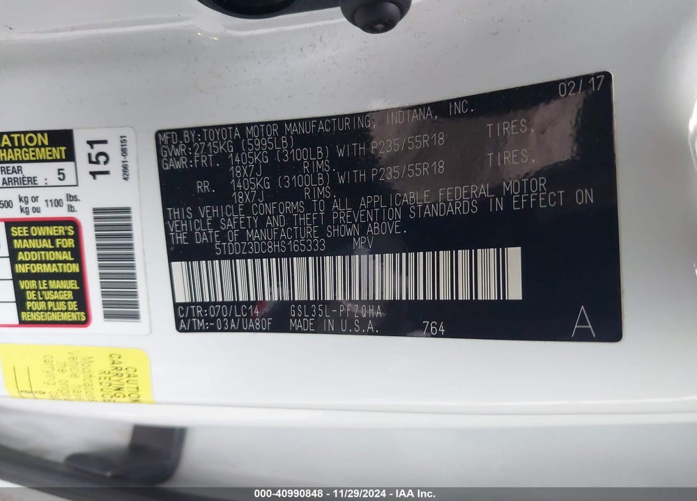 2017 TOYOTA SIENNA XLE LIMITED VIN: 5TDDZ3DC8HS165333