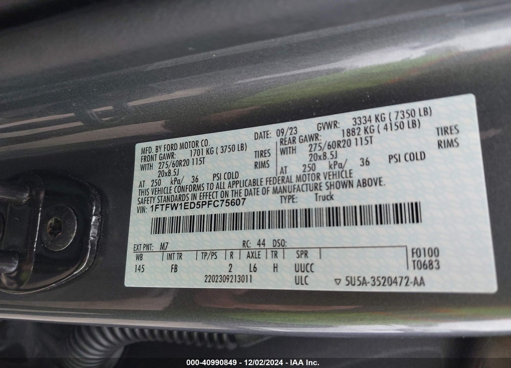 2023 FORD F-150 XLT VIN: 1FTFW1ED5PFC75607