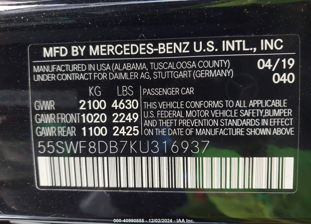 2019 MERCEDES-BENZ C 300 VIN: 55SWF8DB7KU316937