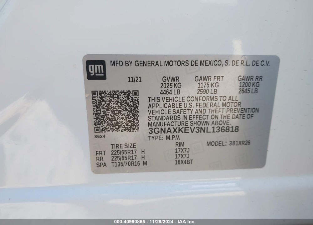 2022 CHEVROLET EQUINOX FWD LT VIN: 3GNAXKEV3NL136818
