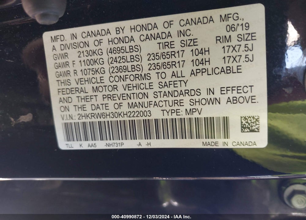 2019 HONDA CR-V LX VIN: 2HKRW6H30KH222003
