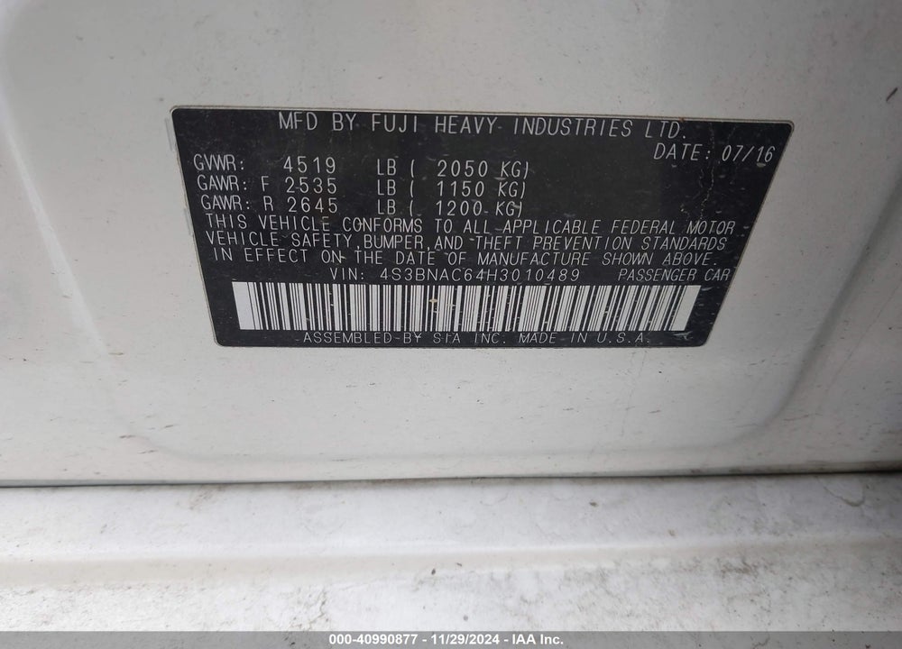 2017 SUBARU LEGACY 2.5I PREMIUM VIN: 4S3BNAC64H3010489