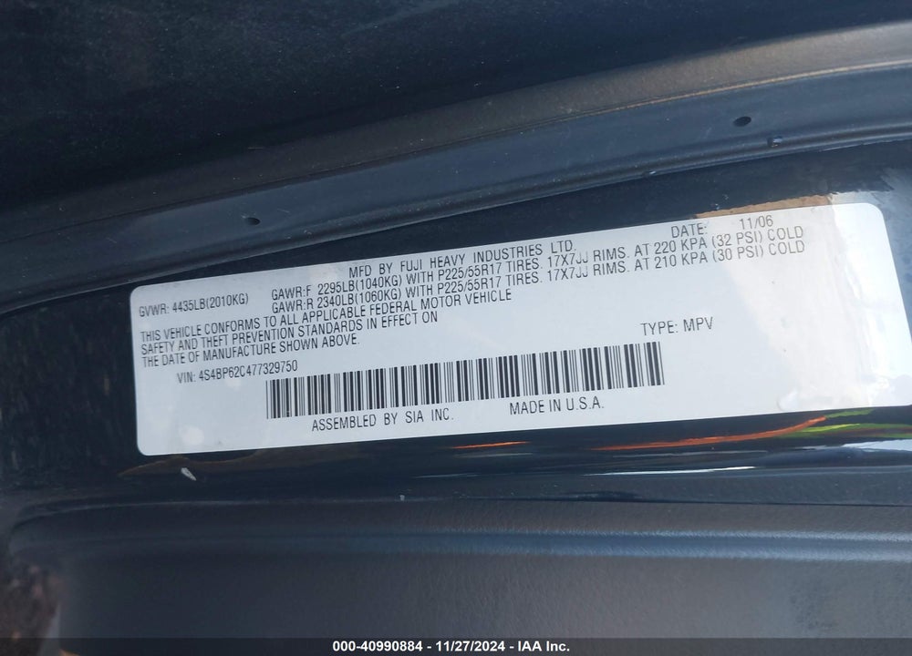 2007 SUBARU OUTBACK 2.5I LIMITED VIN: 4S4BP62C477329750