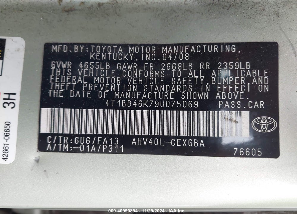 2009 TOYOTA CAMRY HYBRID VIN: 4T1BB46K79U075069