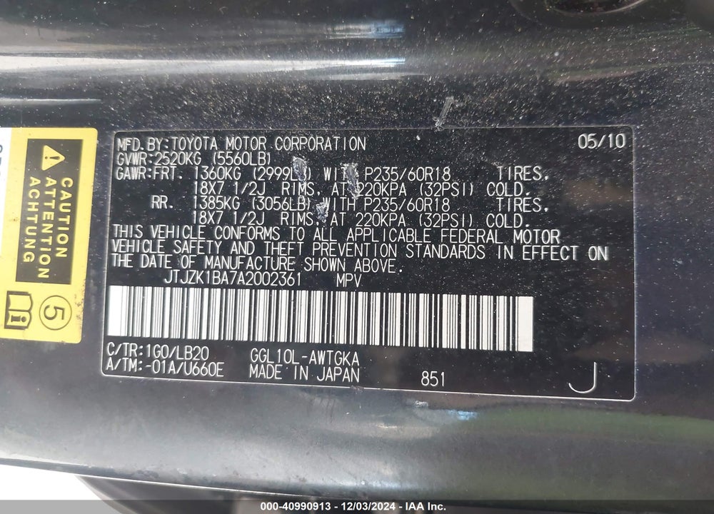 2010 LEXUS RX 350 VIN: JTJZK1BA7A2002361
