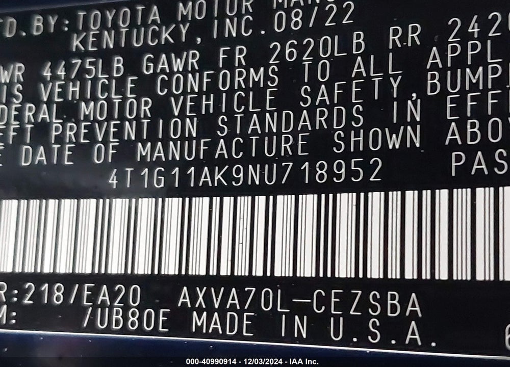 2022 TOYOTA CAMRY SE VIN: 4T1G11AK9NU718952