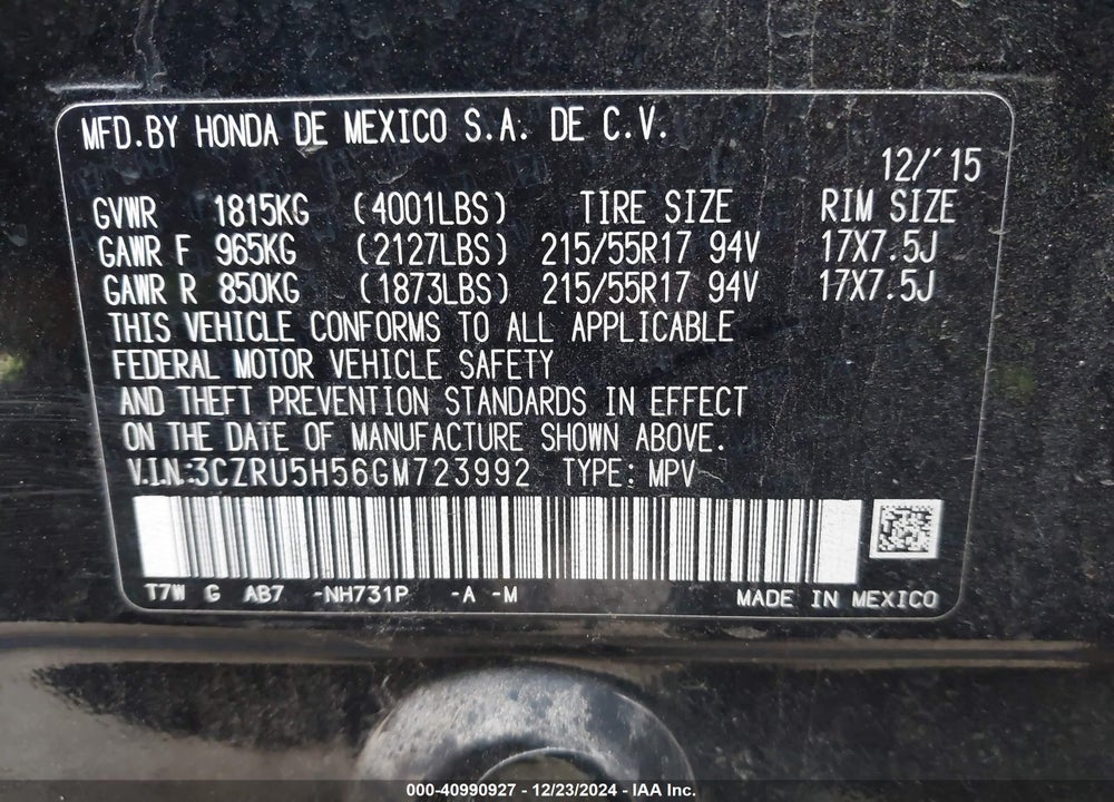 2016 HONDA HR-V EX VIN: 3CZRU5H56GM723992