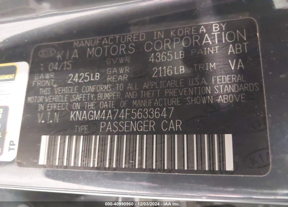 2015 KIA OPTIMA VIN: KNAGM4A74F5633647