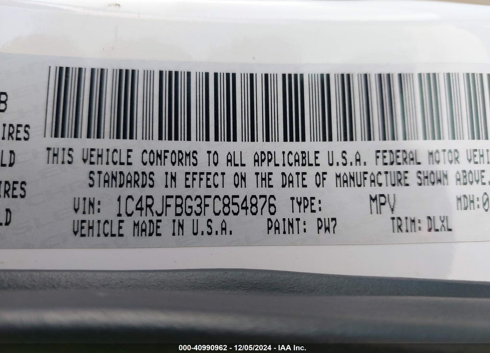 2015 JEEP GRAND CHEROKEE LIMITED VIN: 1C4RJFBG3FC854876