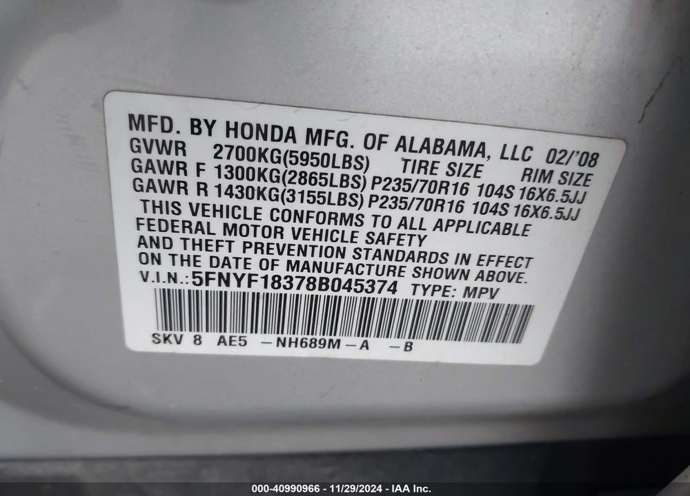 2008 HONDA PILOT SE VIN: 5FNYF18378B045374