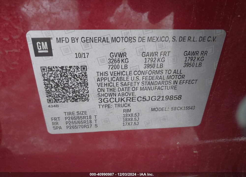 2018 CHEVROLET SILVERADO 1500 LT VIN: 3GCUKREC5JG219858