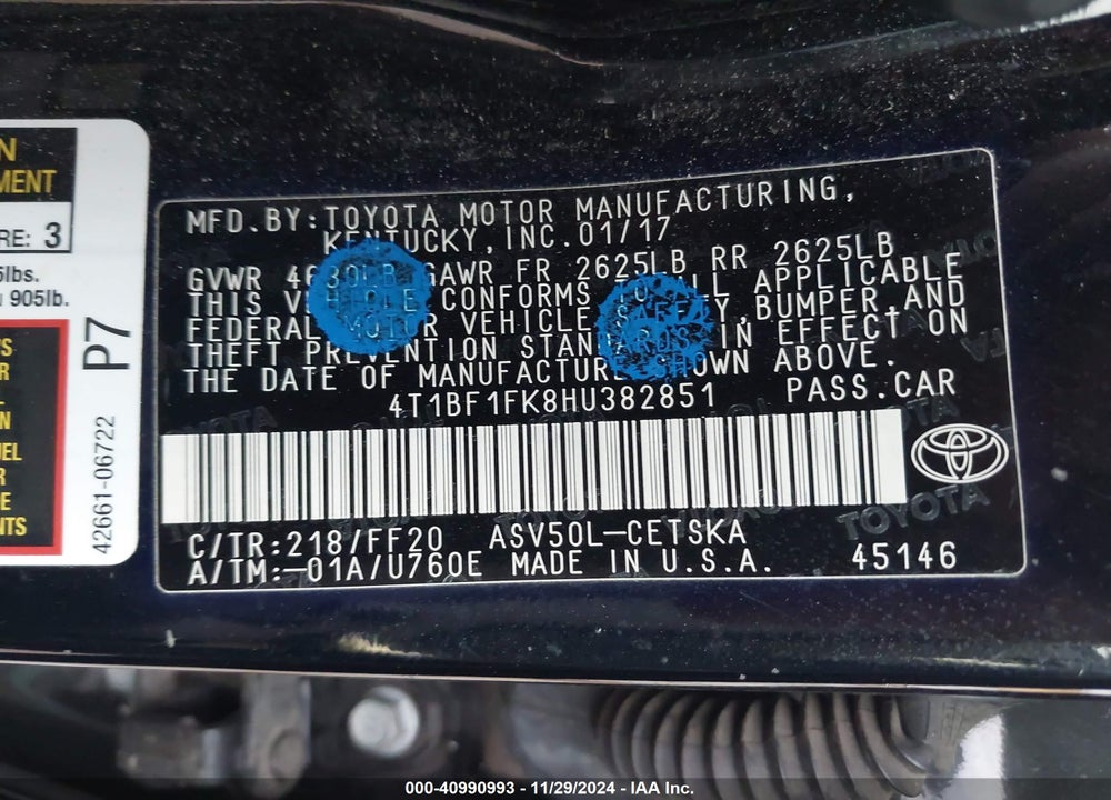 2017 TOYOTA CAMRY SE VIN: 4T1BF1FK8HU382851