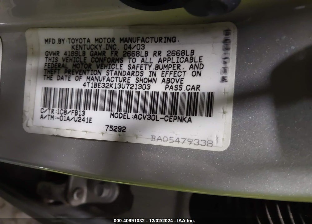 2003 TOYOTA CAMRY LE/XLE/SE VIN: 4T1BE32K13U721303