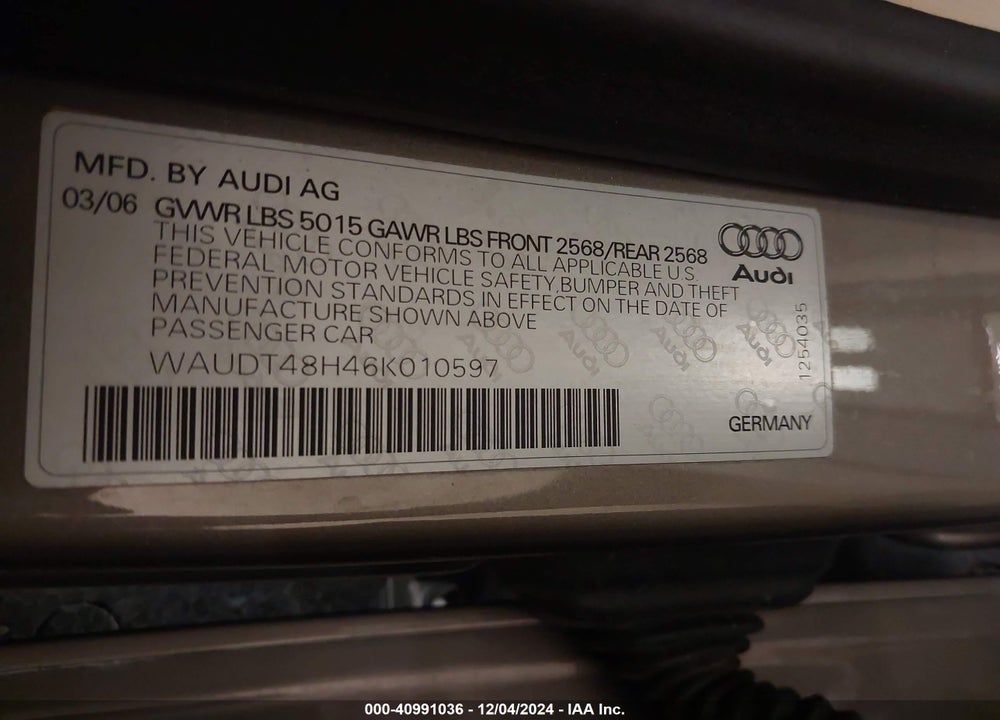2006 AUDI A4 3.0 VIN: WAUDT48H46K010597