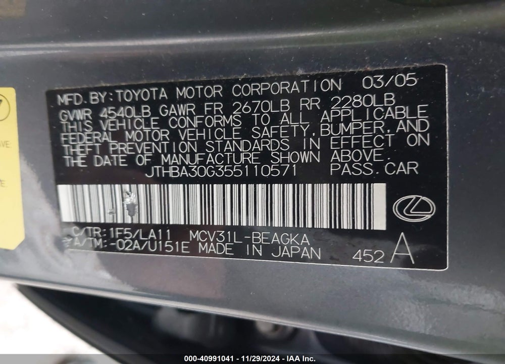 2005 LEXUS ES 330 VIN: JTHBA30G355110571
