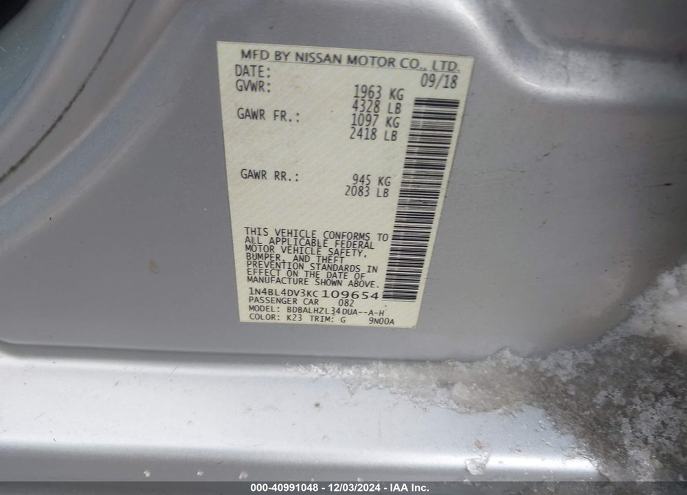 2019 NISSAN ALTIMA 2.5 SV VIN: 1N4BL4DV3KC109654
