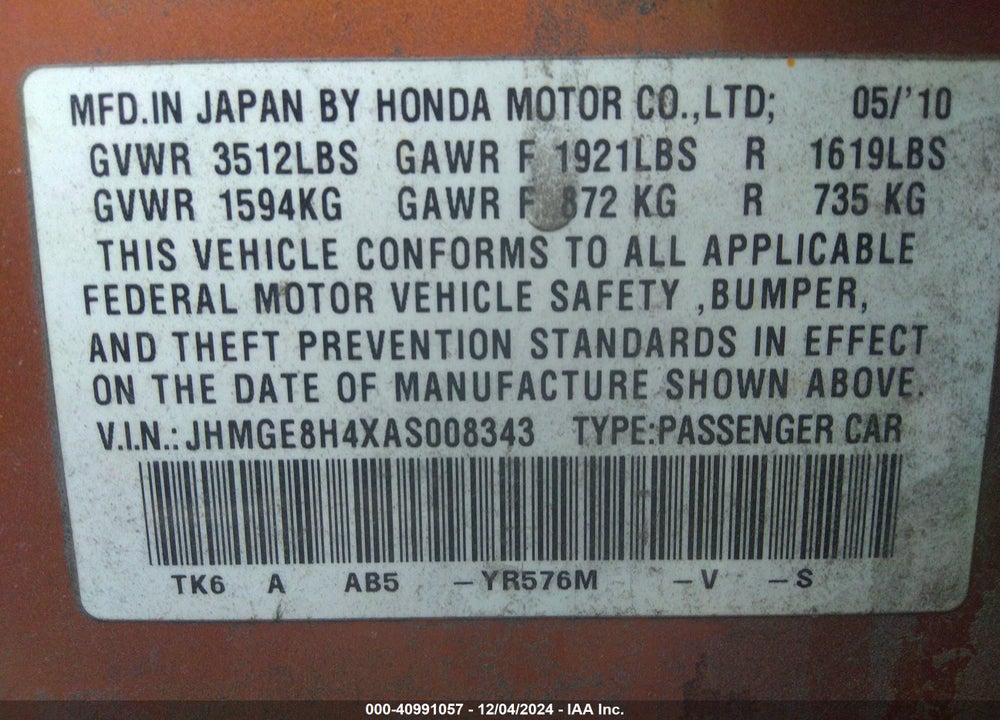 2010 HONDA FIT SPORT VIN: JHMGE8H4XAS008343