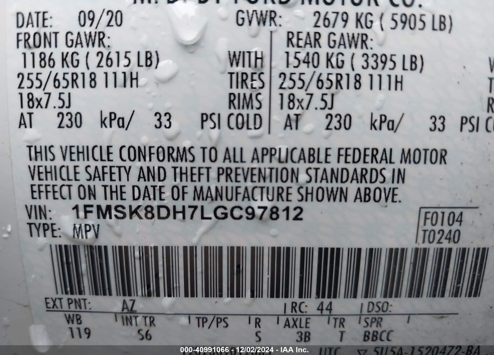 2020 FORD EXPLORER XLT VIN: 1FMSK8DH7LGC97812