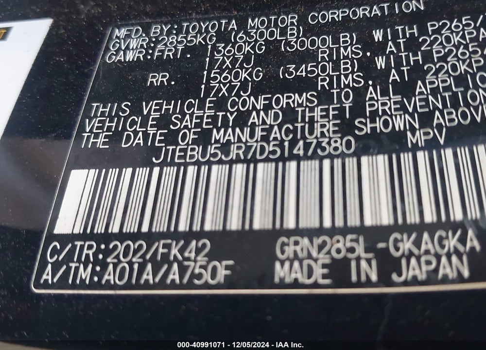 2013 TOYOTA 4RUNNER SR5 VIN: JTEBU5JR7D5147380