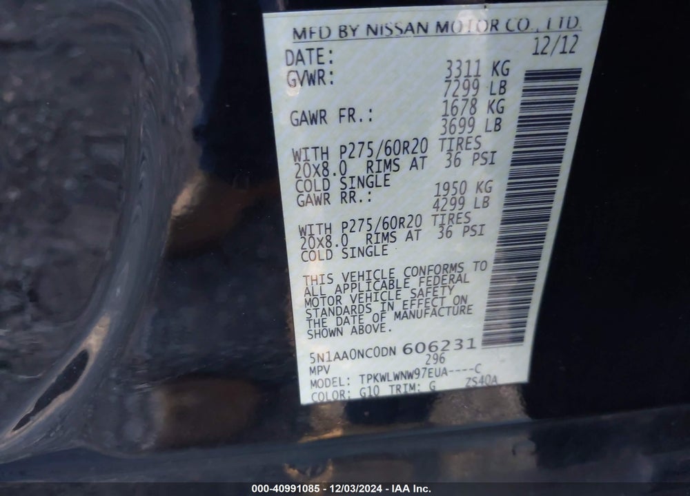 2013 NISSAN ARMADA PLATINUM VIN: 5N1AA0NC0DN606231