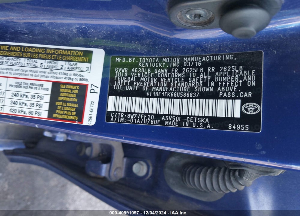 2016 TOYOTA CAMRY SE VIN: 4T1BF1FK6GU586837