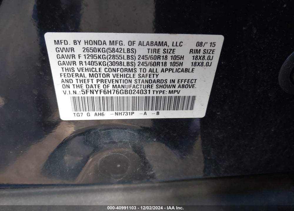 2016 HONDA PILOT EX-L VIN: 5FNYF6H76GB024031