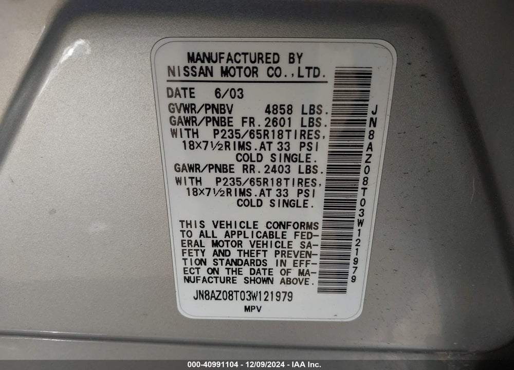 2003 NISSAN MURANO SL VIN: JN8AZ08T03W121979