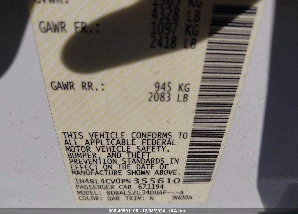 2023 NISSAN ALTIMA SR FWD VIN: 1N4BL4CV0PN355610