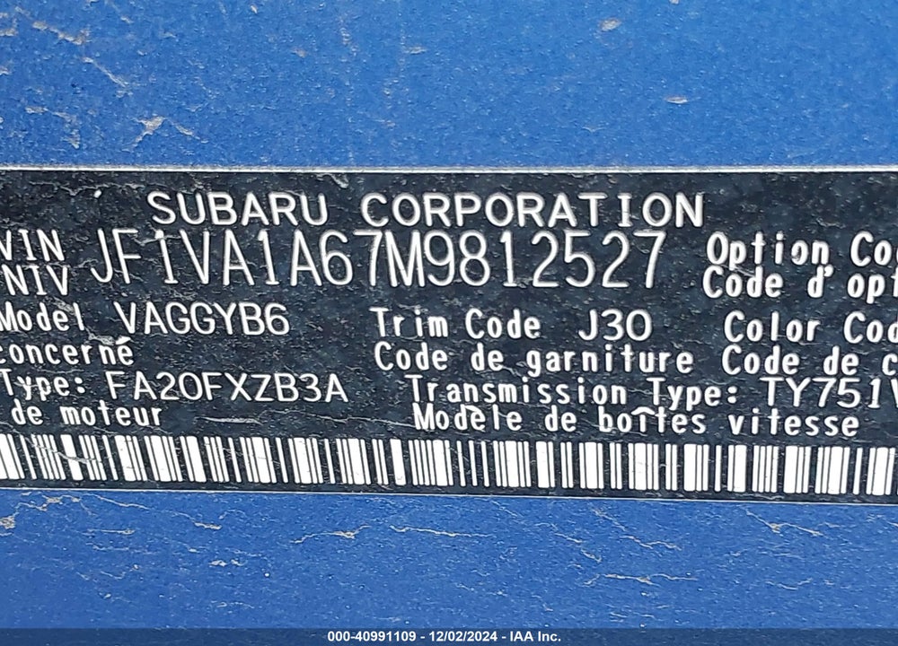2021 SUBARU WRX VIN: JF1VA1A67M9812527