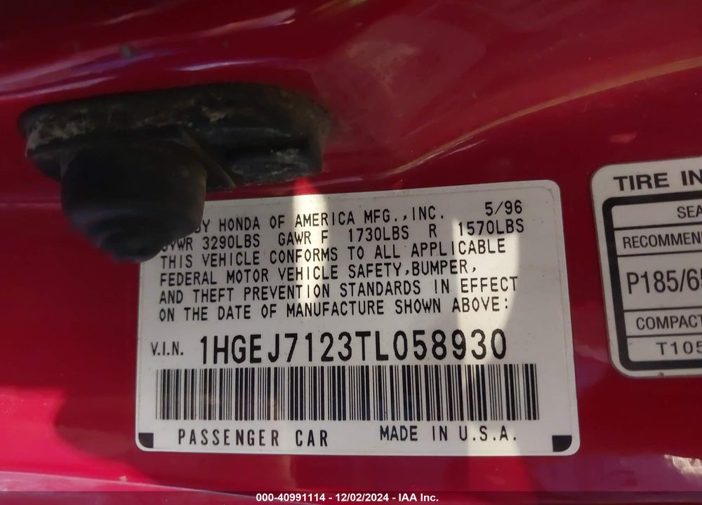 1996 HONDA CIVIC HX VIN: 1HGEJ7123TL058930