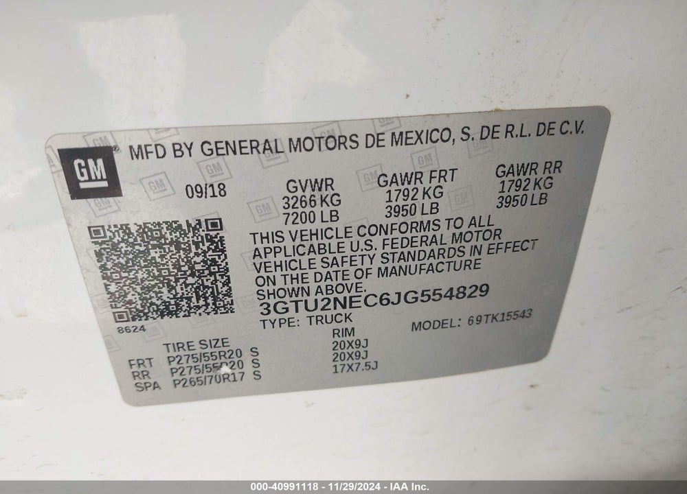 2018 GMC SIERRA 1500 SLT VIN: 3GTU2NEC6JG554829